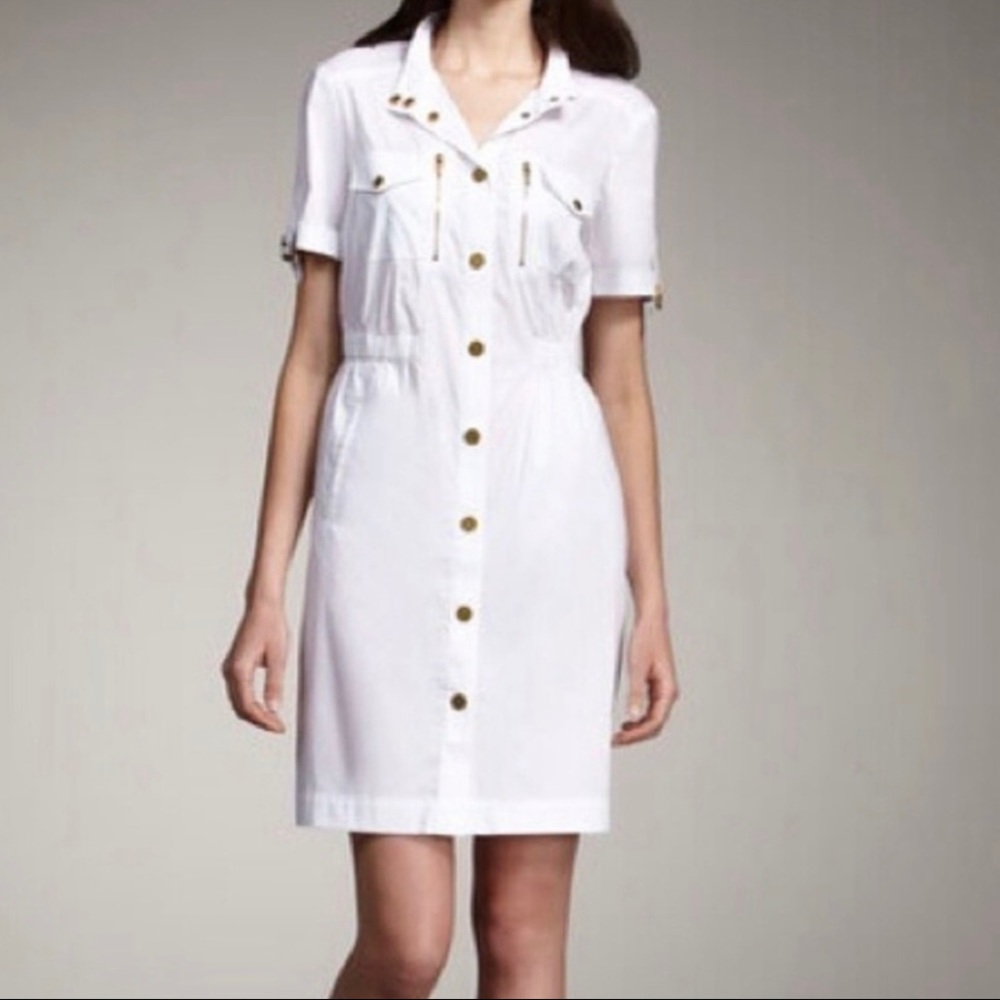 NWT! Tory Burch White Cotton Button Down Safari Dress w/ Gold Accents - Size 8